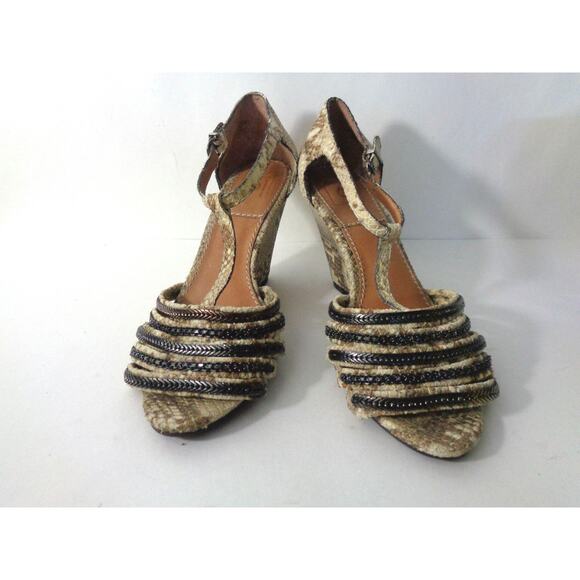 BACIO 61 Cadorago 7.5M Tan Taupe Snake Leather Bronze Chain Wedge Sandals Shoes - Picture 2 of 8
